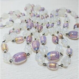 Deco Necklace Pink Fire Opal Moonstone Foil Art Glass Beads LONG 60"